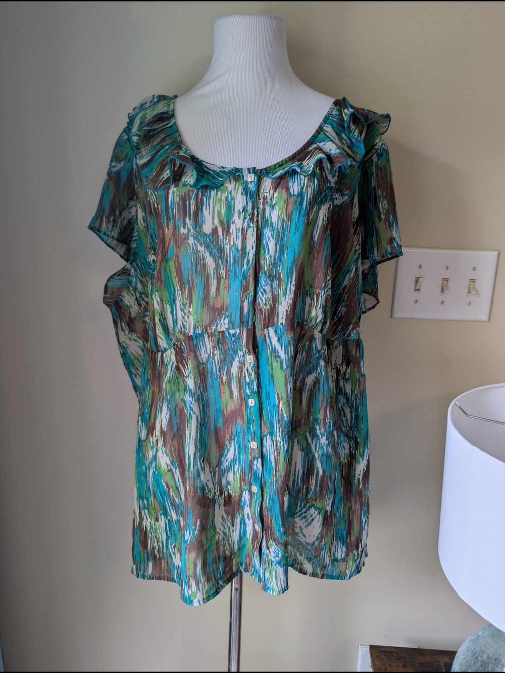 a.n.a. Womens Abstract Watercolor Ruffle Blouse, Semi-Sheer Button-Up Short Slee